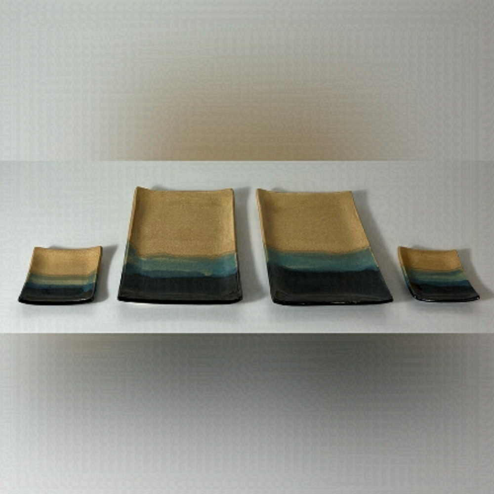 BEAUTIFUL Pottery Sushi Set 2 Place Setting w/ Plate and Soy Sauce Dish Beach